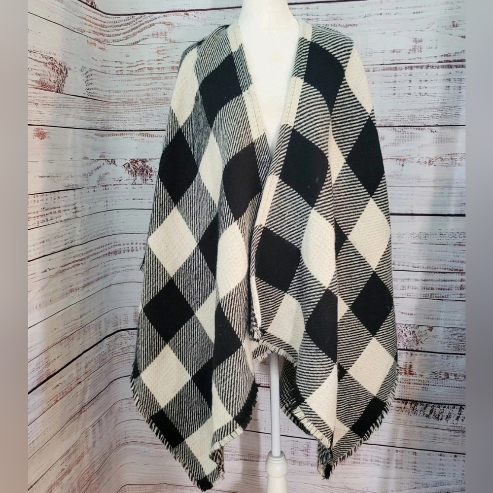 Lands End Womens Ruana Reversible Plaid  Cardigan W‎ Fringe OS